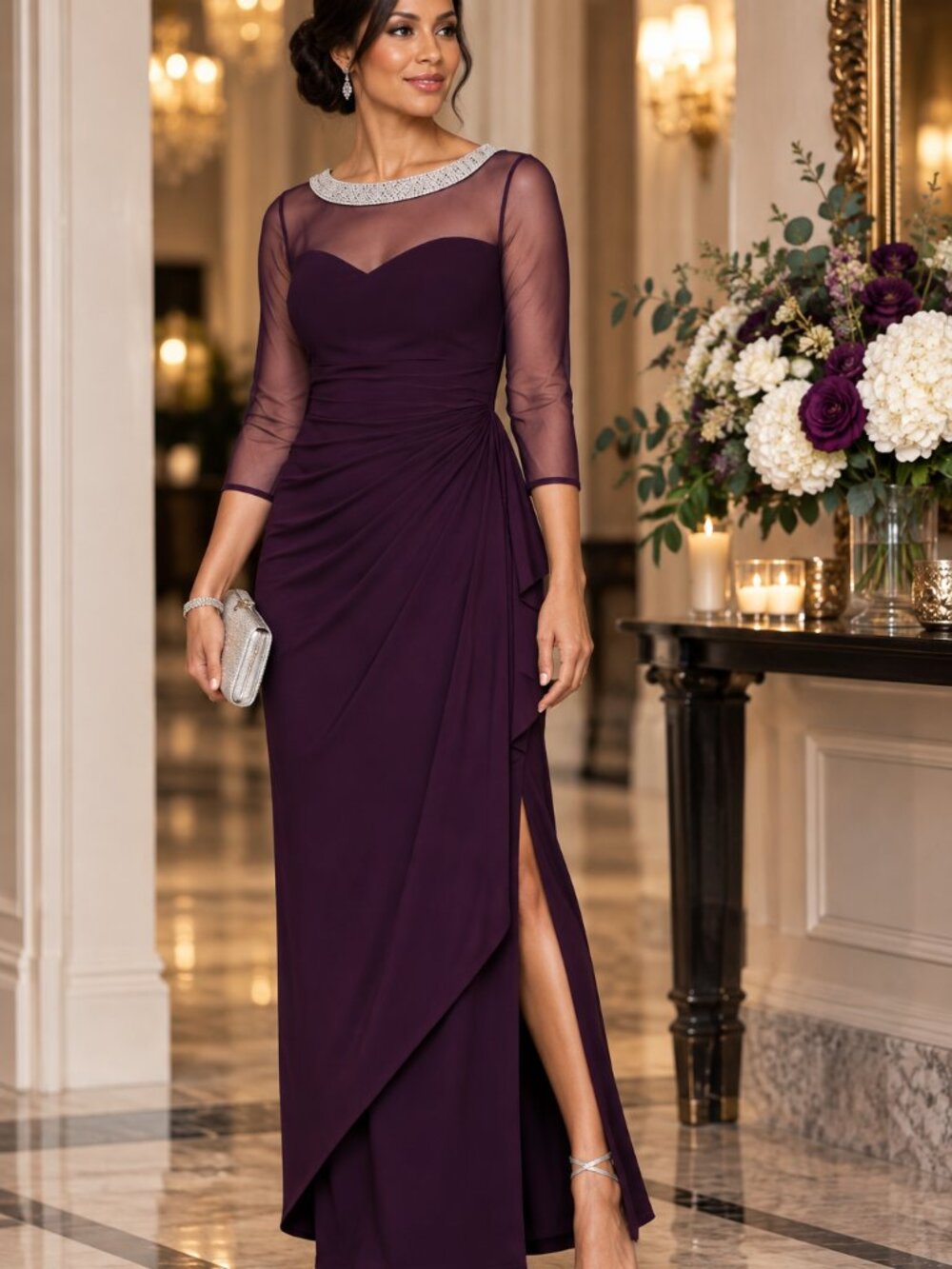 Alex Evenings Eggplant Rhinestone Illusion Formal Gown Size 8 NWT